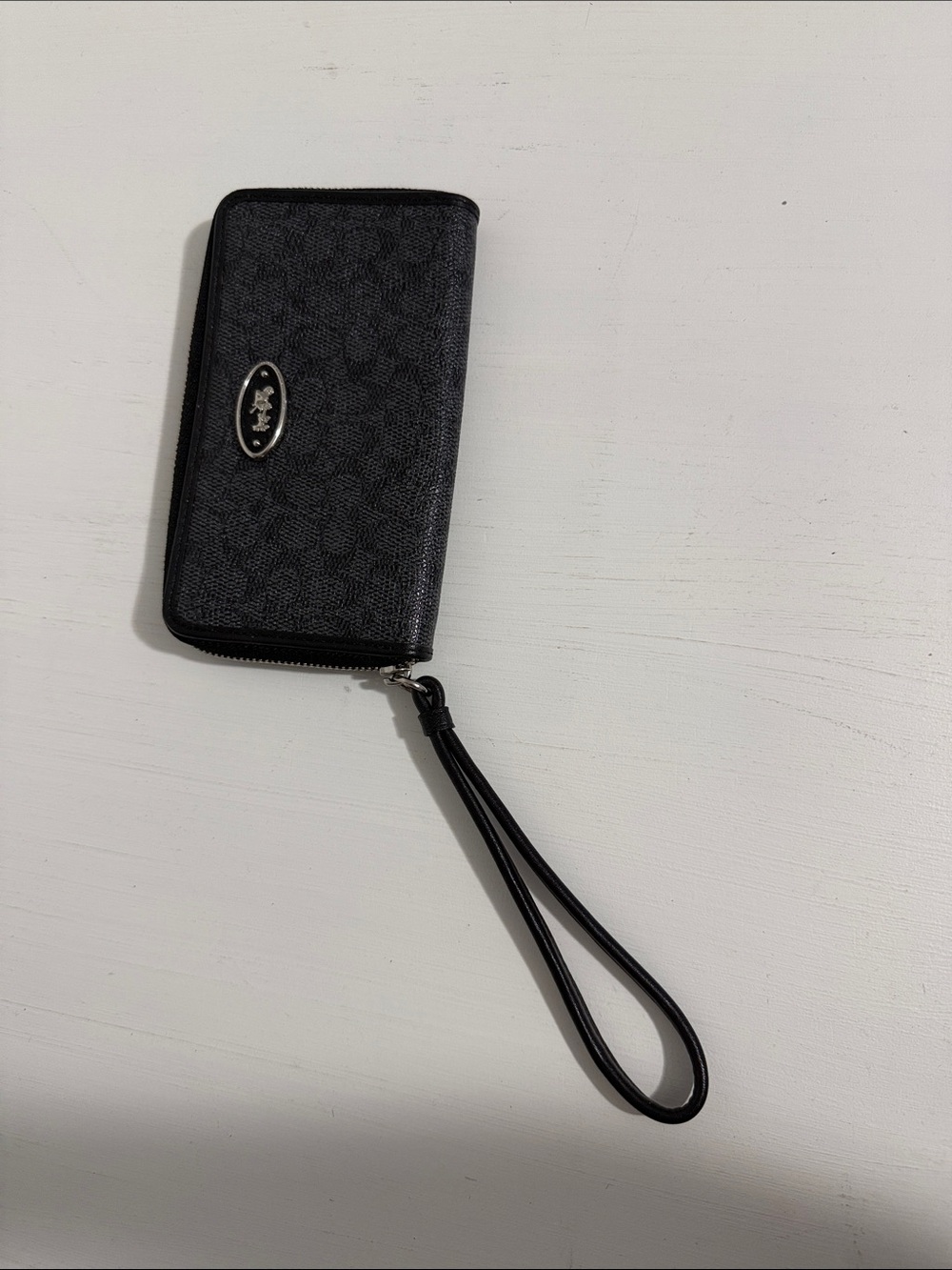 Coach Black Signature Wristlet Phone Case with Silver Logo